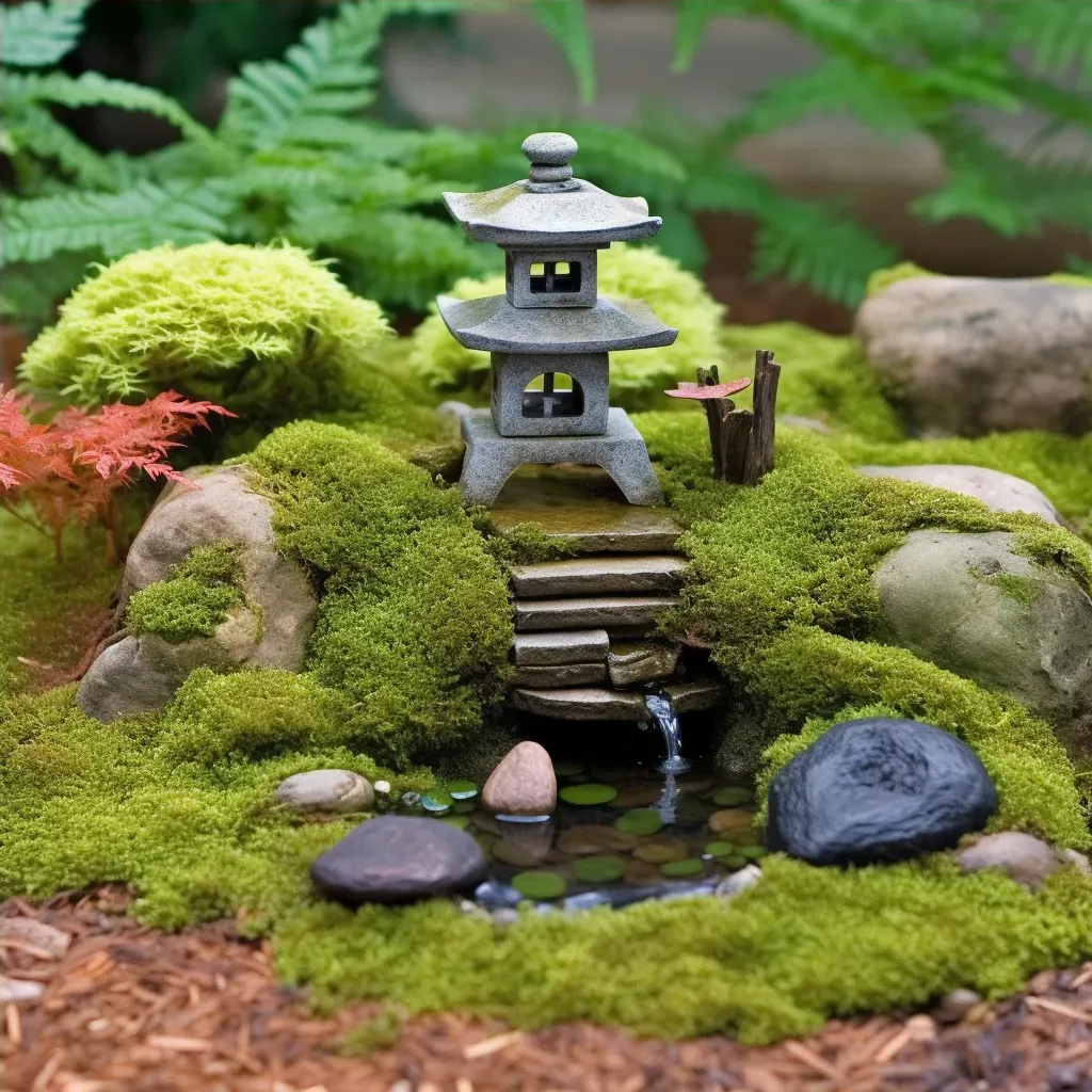 Image of a serene Zen rock garden with a miniature waterfall and a moss-covered stone lantern - Image 4