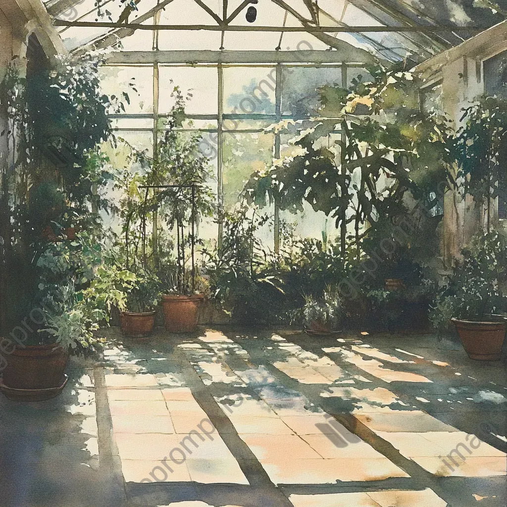 Artwork of a Victorian greenhouse in the early morning with detailed plant shadows - Image 1