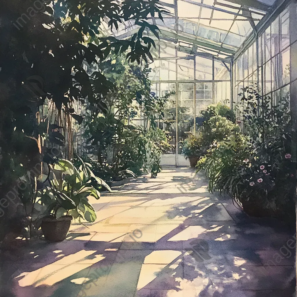 Artwork of a Victorian greenhouse in the early morning with detailed plant shadows - Image 2