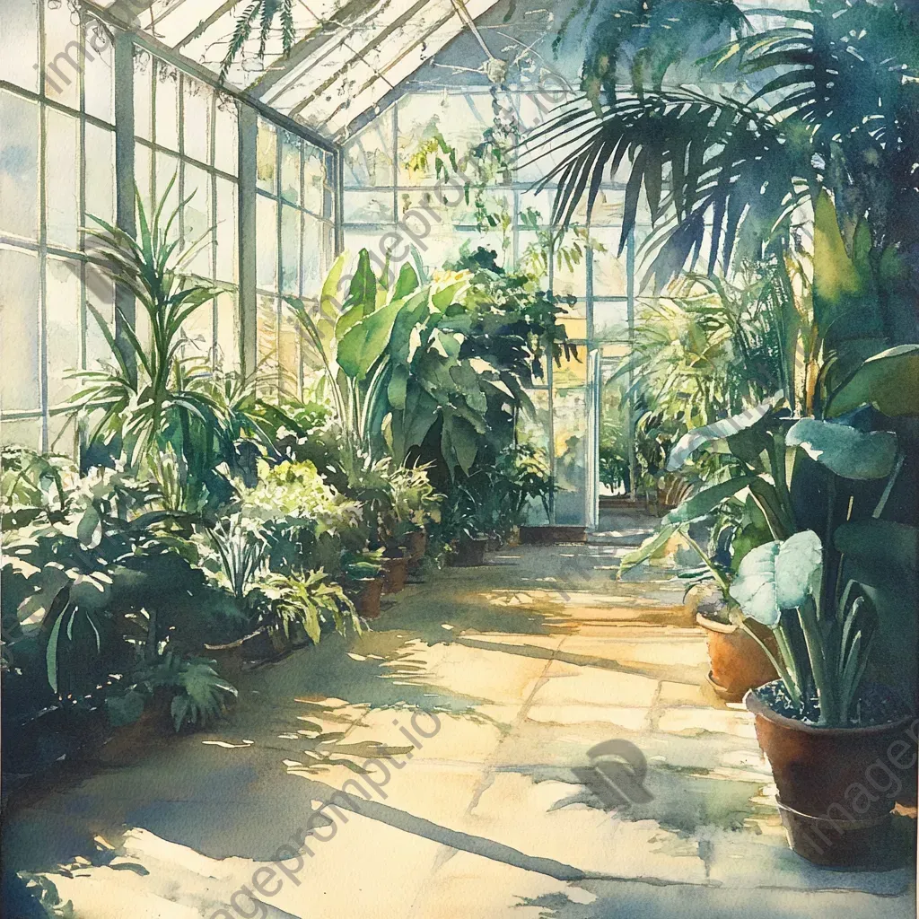 Artwork of a Victorian greenhouse in the early morning with detailed plant shadows - Image 3