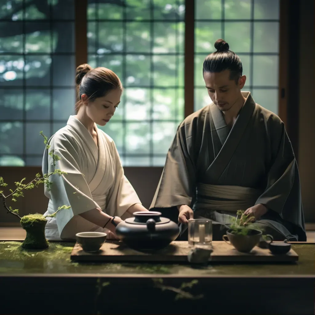 Japanese tea ceremony with kimono-clad hosts and matcha preparation - Image 1