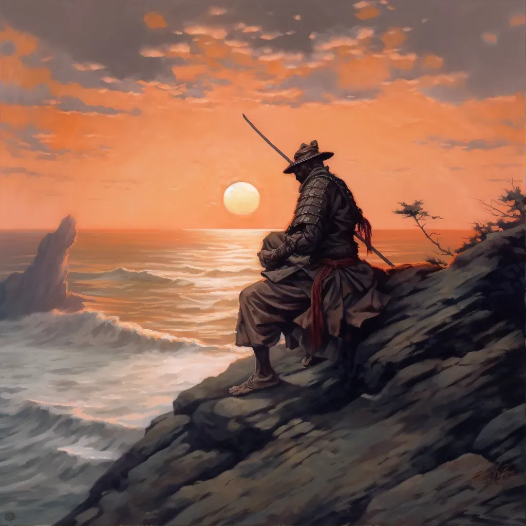 Samurai meditating before final battle on a cliff with serene sunset over calm sea - Image 1