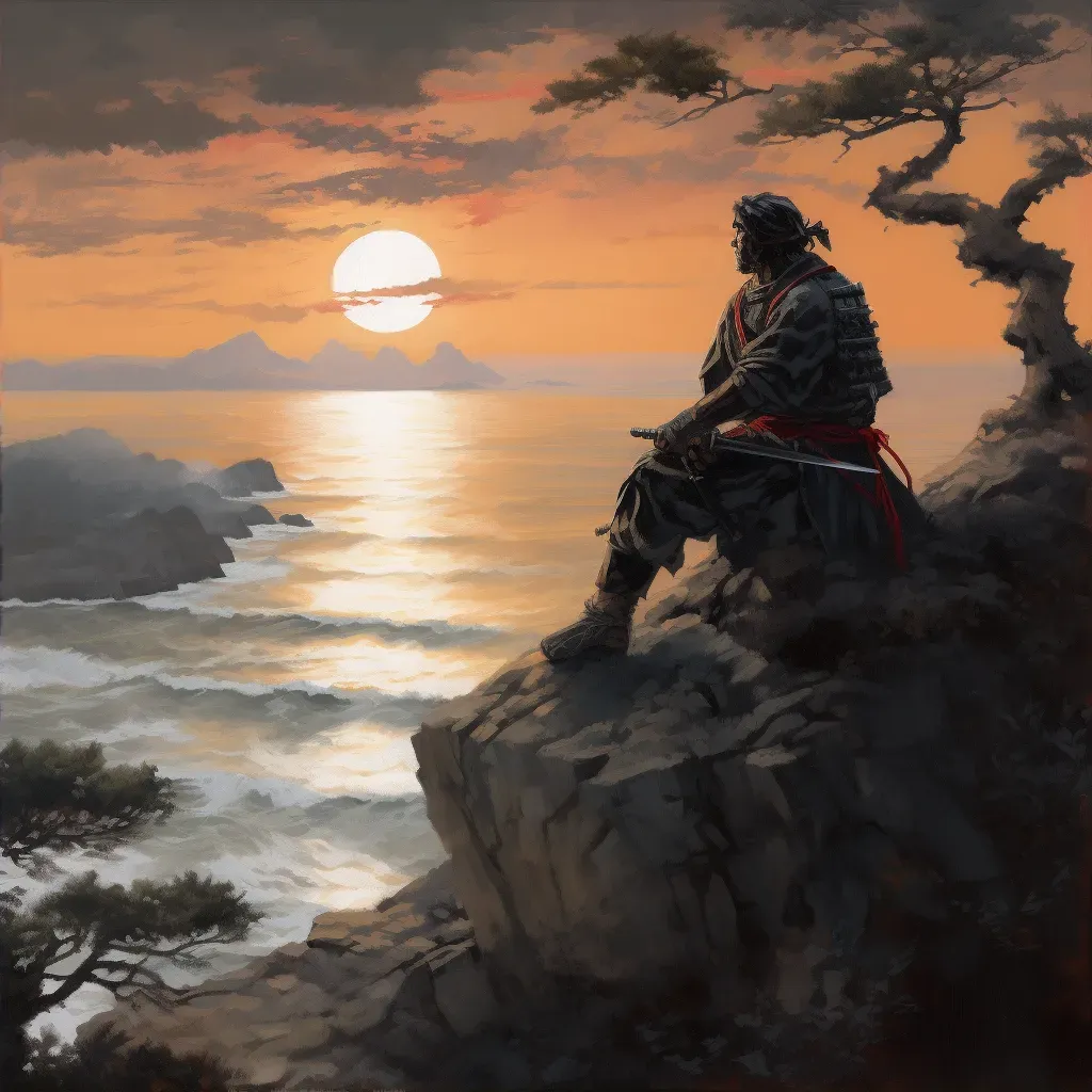 Samurai meditating before final battle on a cliff with serene sunset over calm sea - Image 2