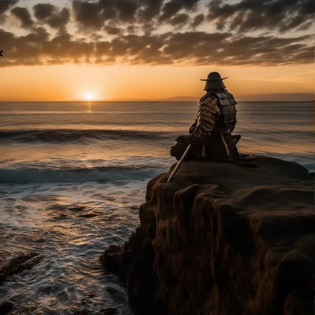 Samurai meditating before final battle on a cliff with serene sunset over calm sea - Image 3