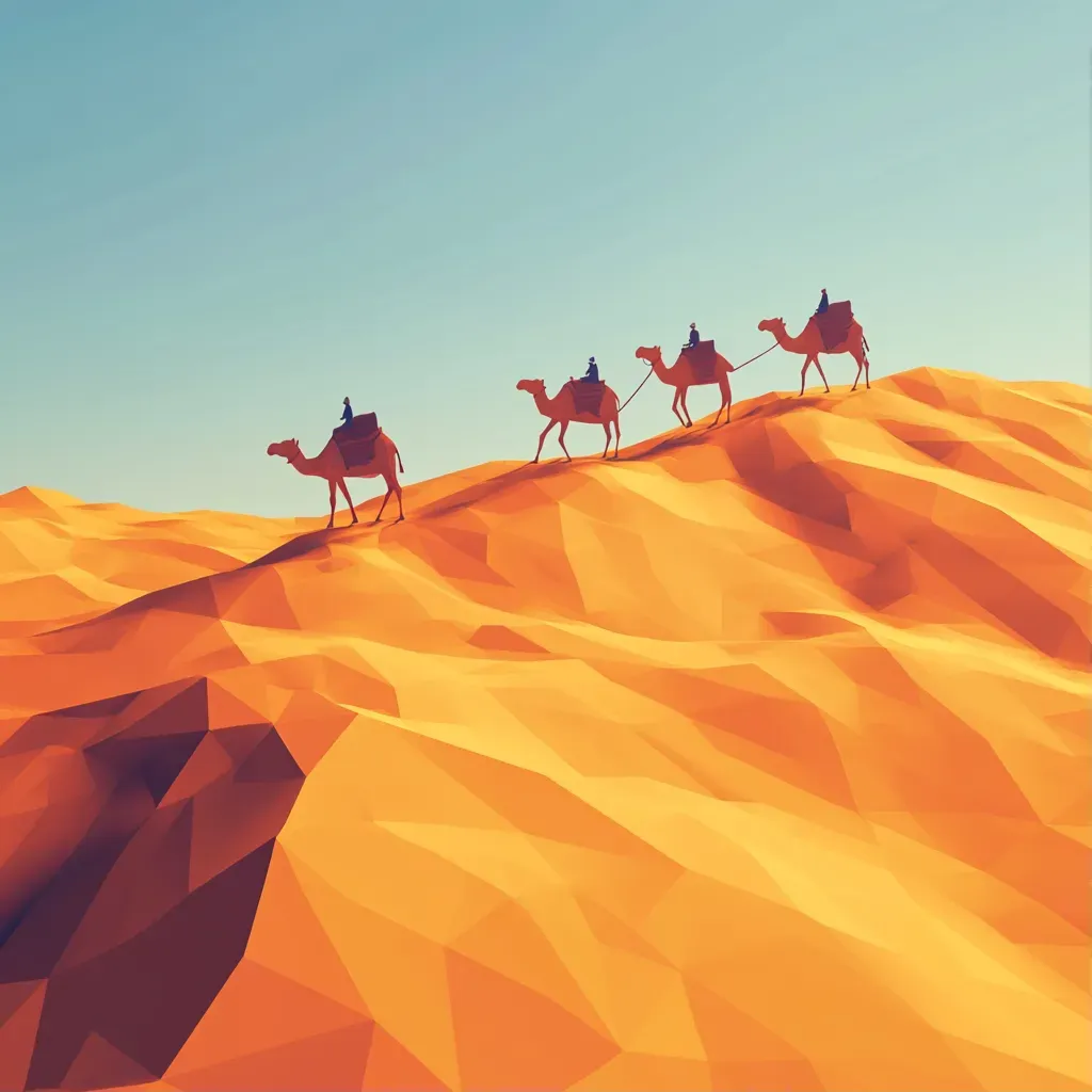 Low poly isometric view of a desert caravan with golden dunes and camels - Image 1