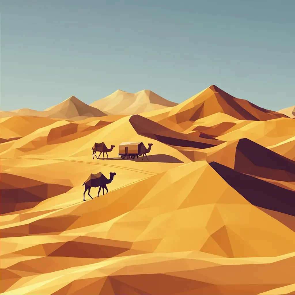 Low poly isometric view of a desert caravan with golden dunes and camels - Image 2