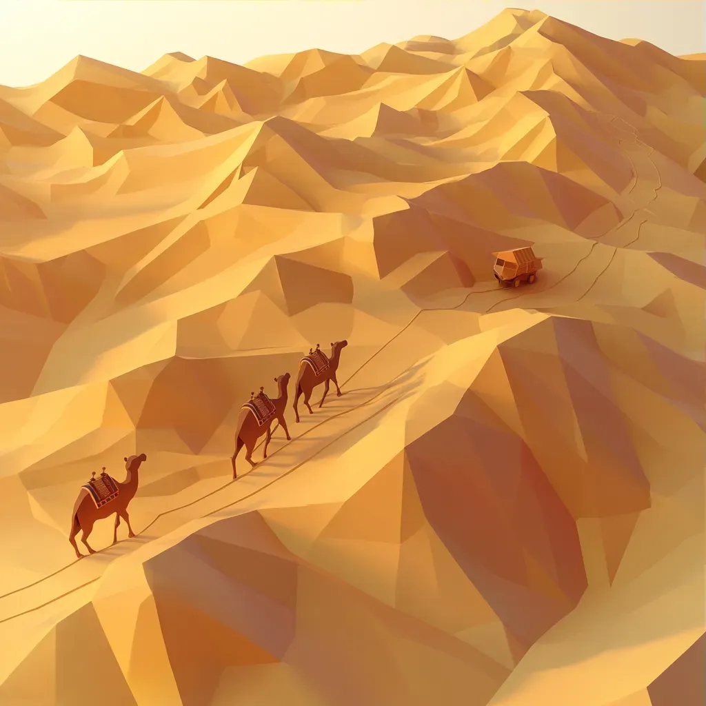 Low poly isometric view of a desert caravan with golden dunes and camels - Image 3