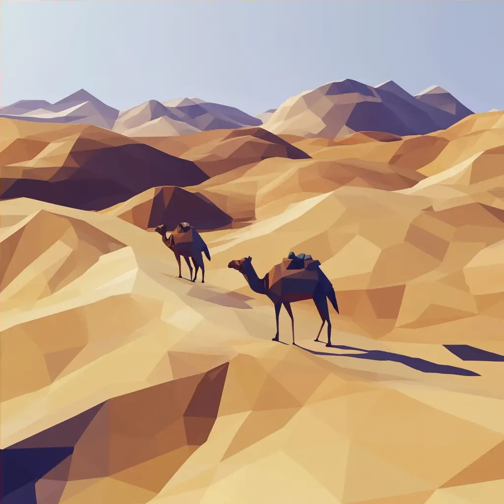 Low poly isometric view of a desert caravan with golden dunes and camels - Image 4