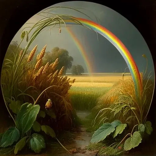 Vibrant rainbow over meadow under starry sky - Image 1