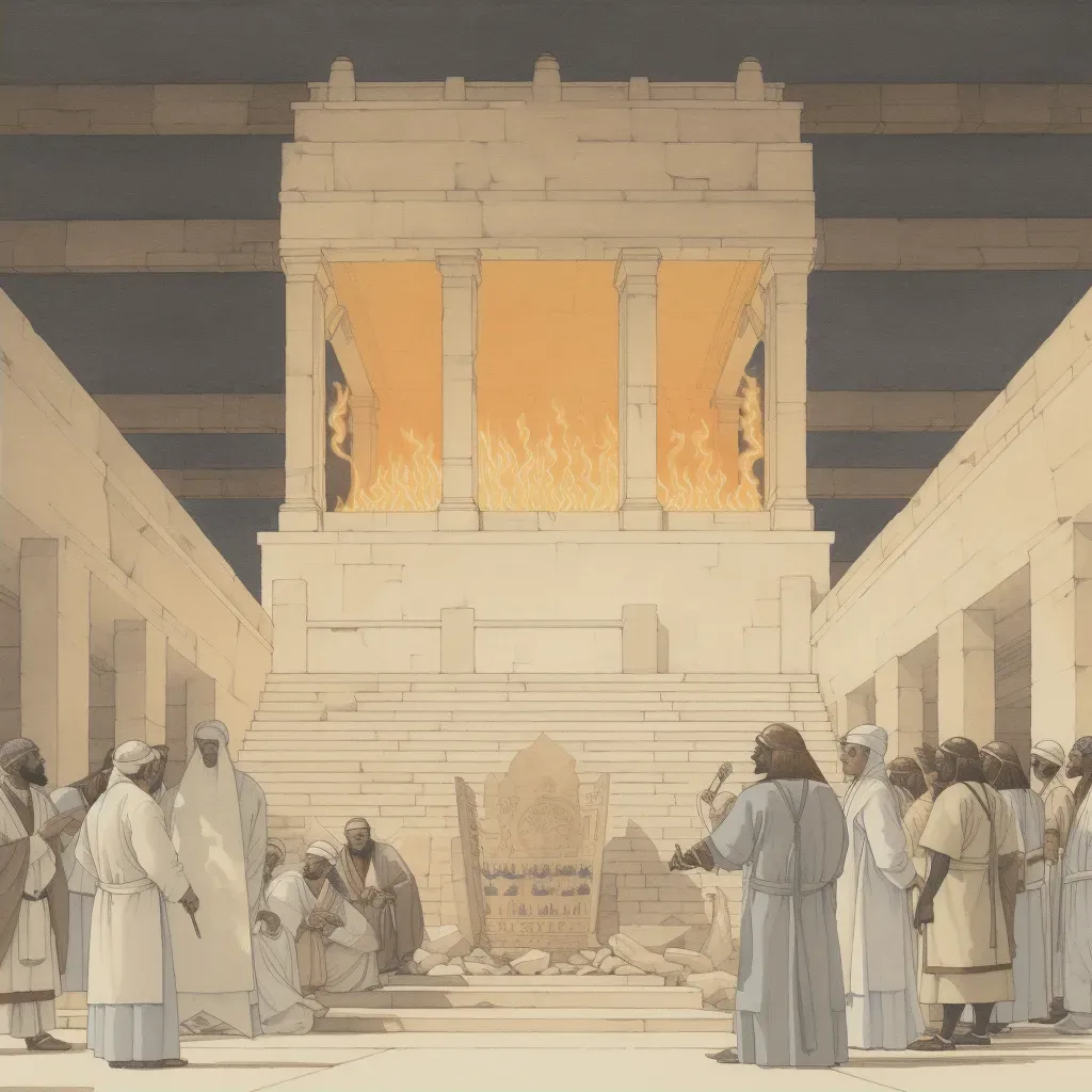 Ancient Zoroastrian fire temple with burning flame and worshippers in white robes during a ceremony - Image 2