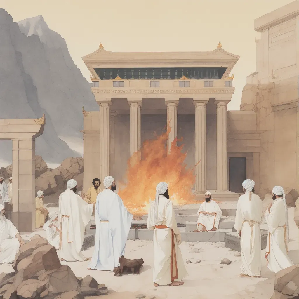 Ancient Zoroastrian fire temple with burning flame and worshippers in white robes during a ceremony - Image 3