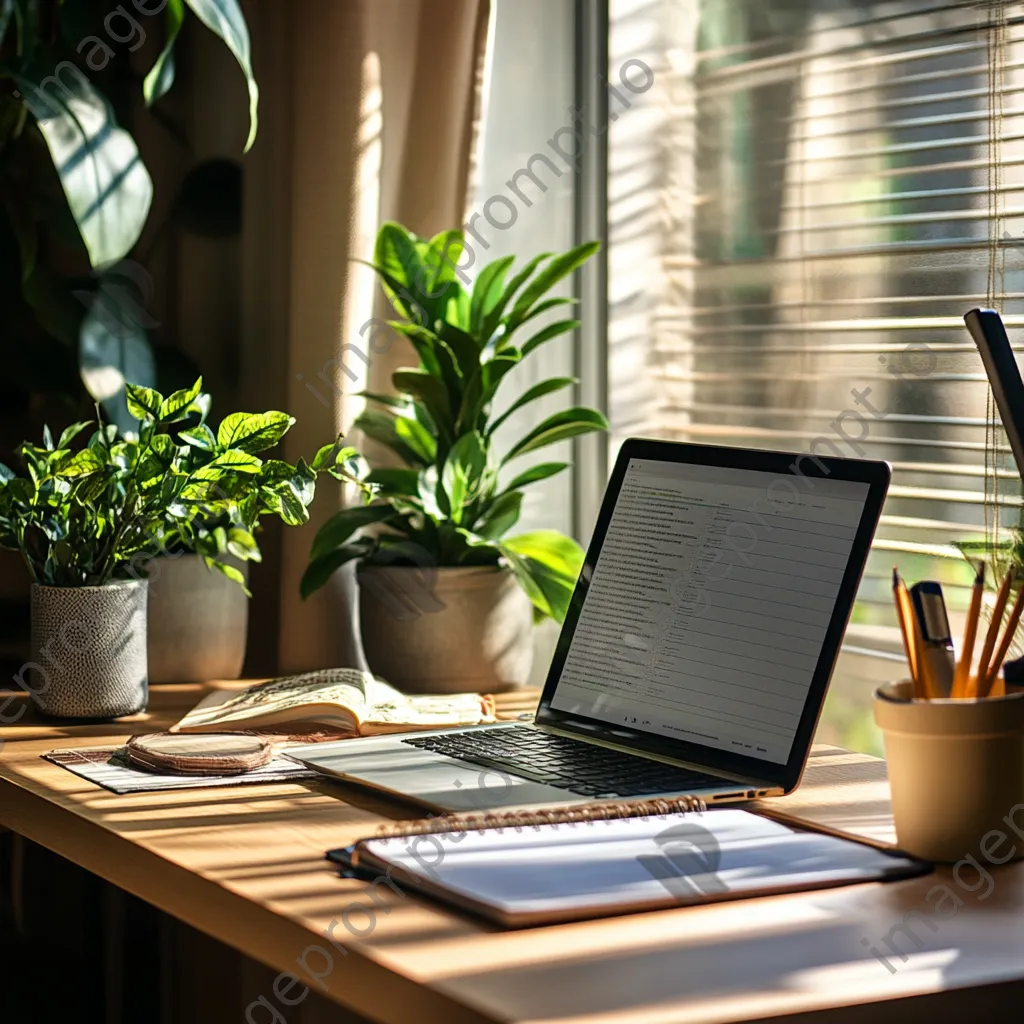 Trendy workspace with laptop and notebook in bright room - Image 1