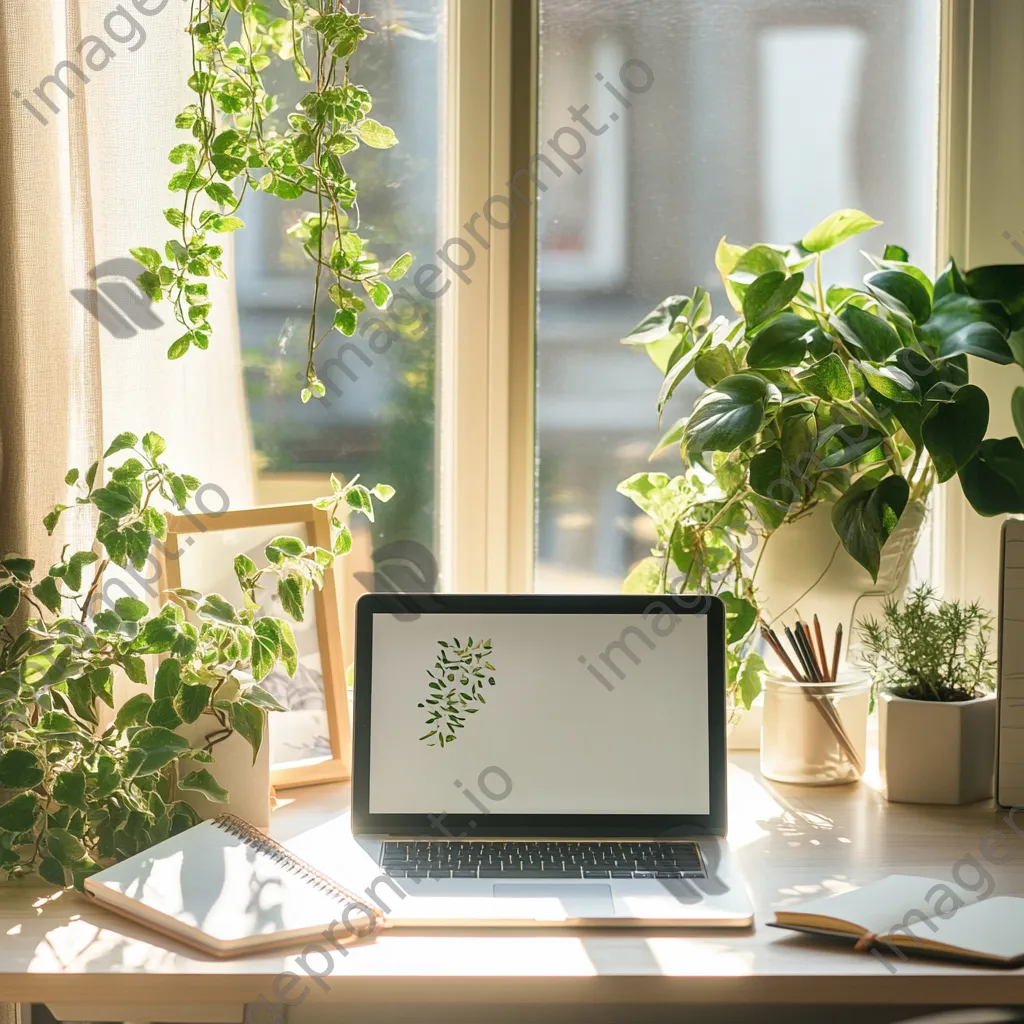 Trendy workspace with laptop and notebook in bright room - Image 2