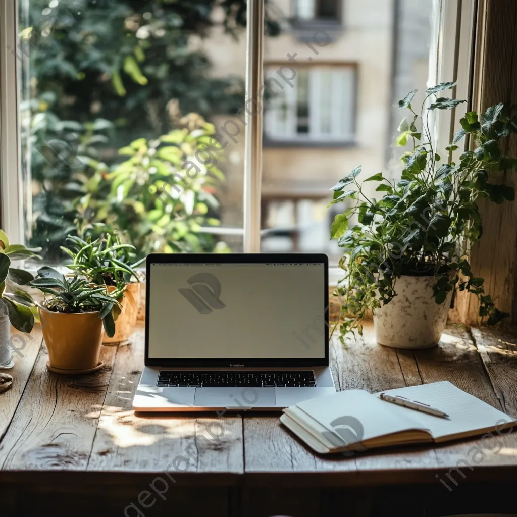 Trendy workspace with laptop and notebook in bright room - Image 4