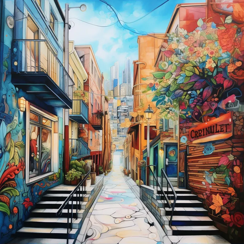 Vibrant street art alley with colorful murals and graffiti - Image 1