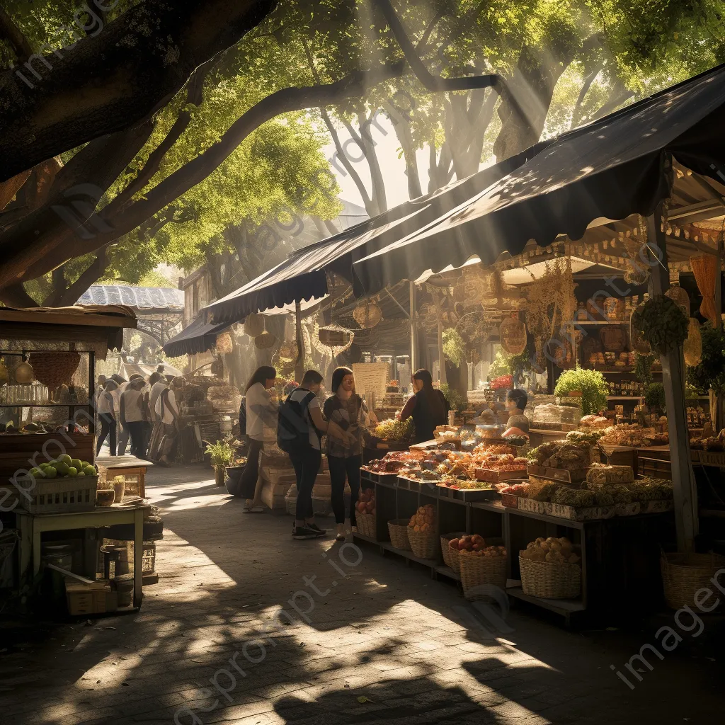 Street market café with vendors, fresh produce, and diners - Image 1