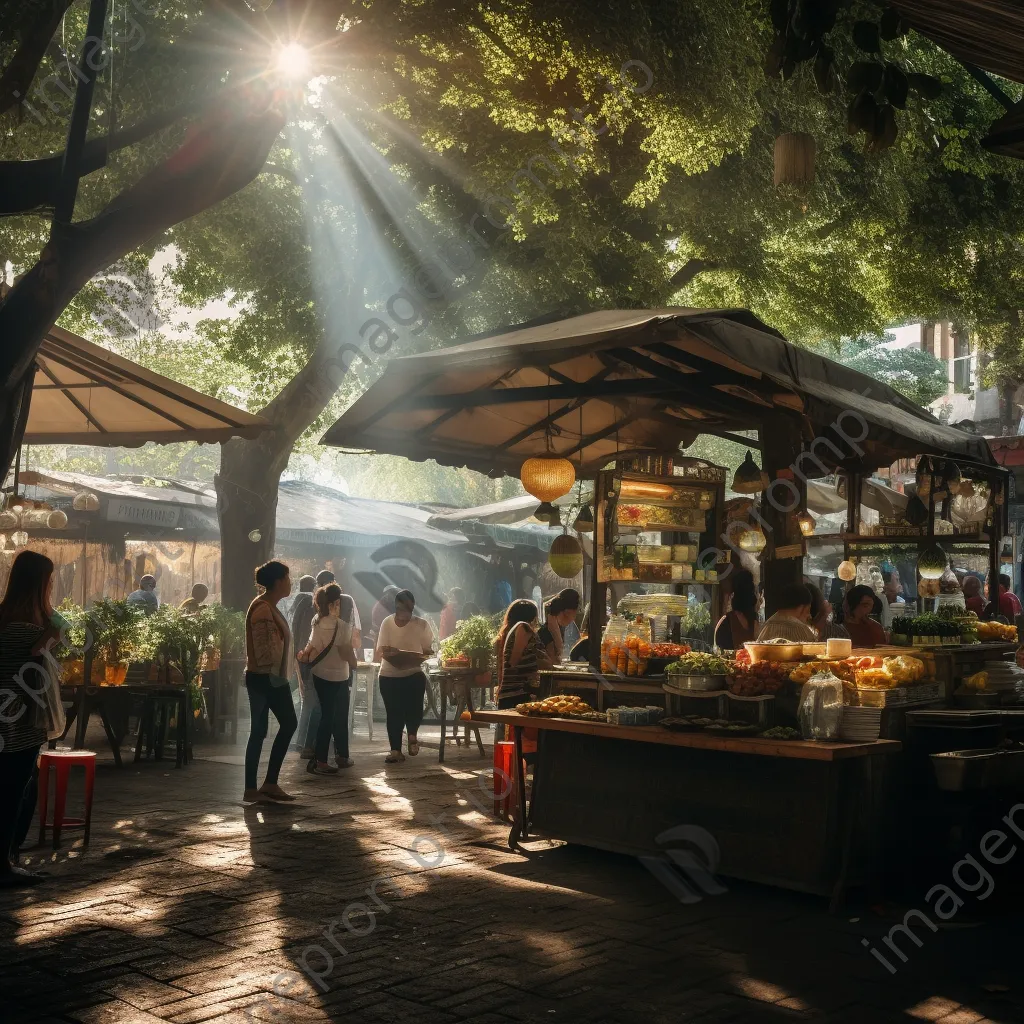 Street market café with vendors, fresh produce, and diners - Image 3