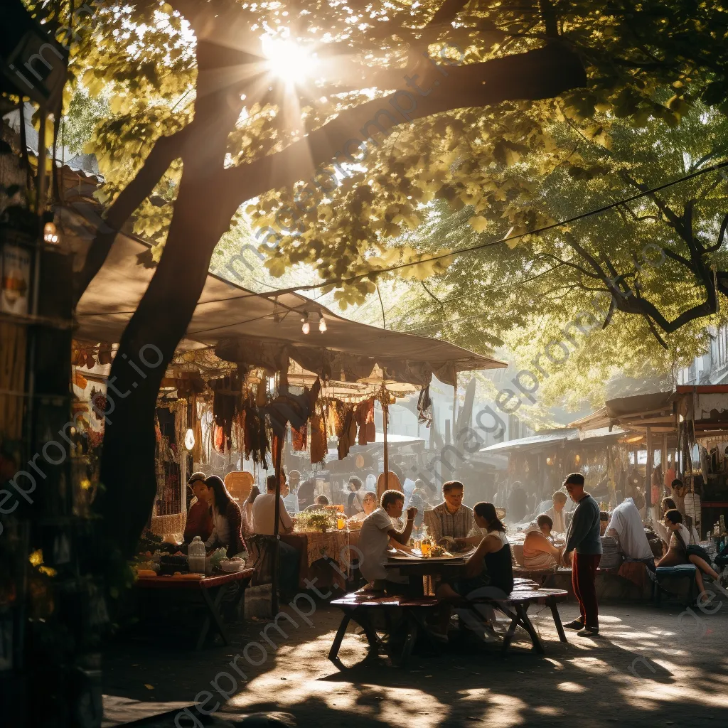 Street market café with vendors, fresh produce, and diners - Image 4