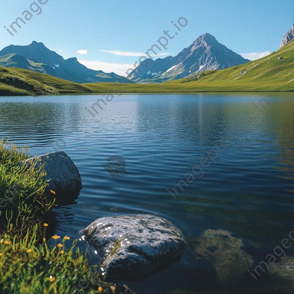 Tranquil alpine lake with granite peaks and green meadows - Image 3