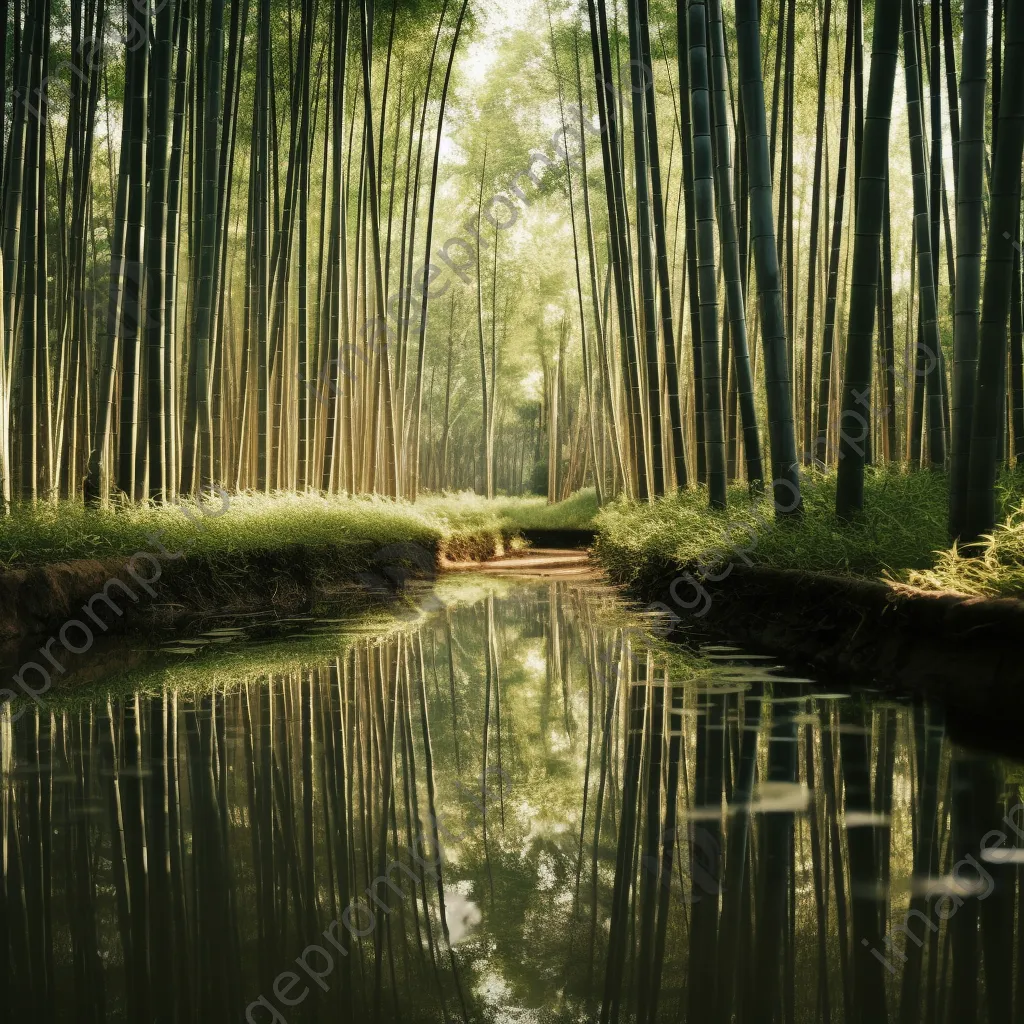 Reflection of bamboo forest in a calm pond - Image 1