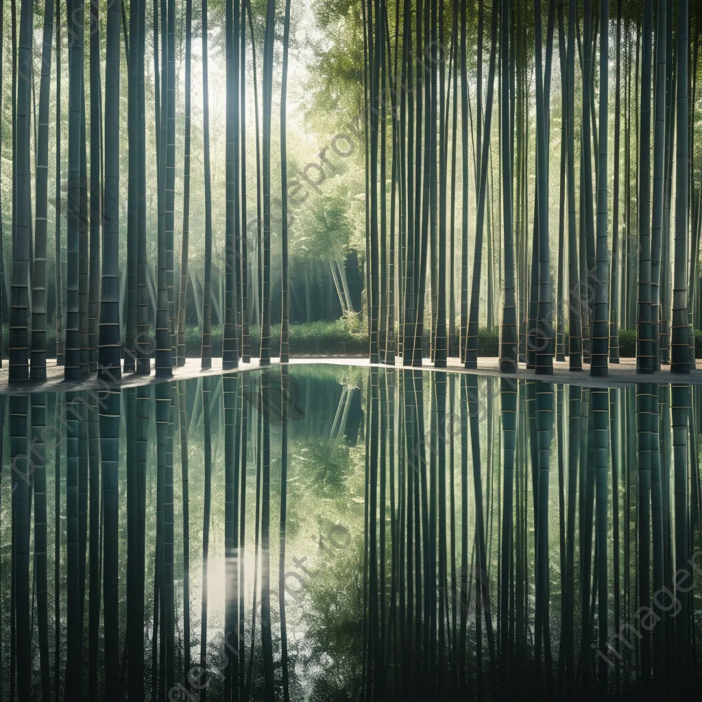 Reflection of bamboo forest in a calm pond - Image 2