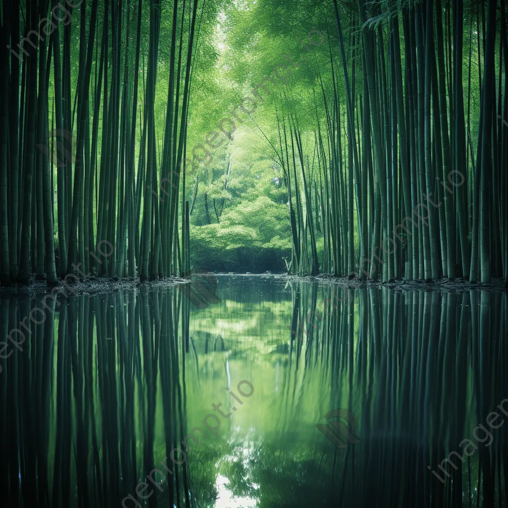 Reflection of bamboo forest in a calm pond - Image 3