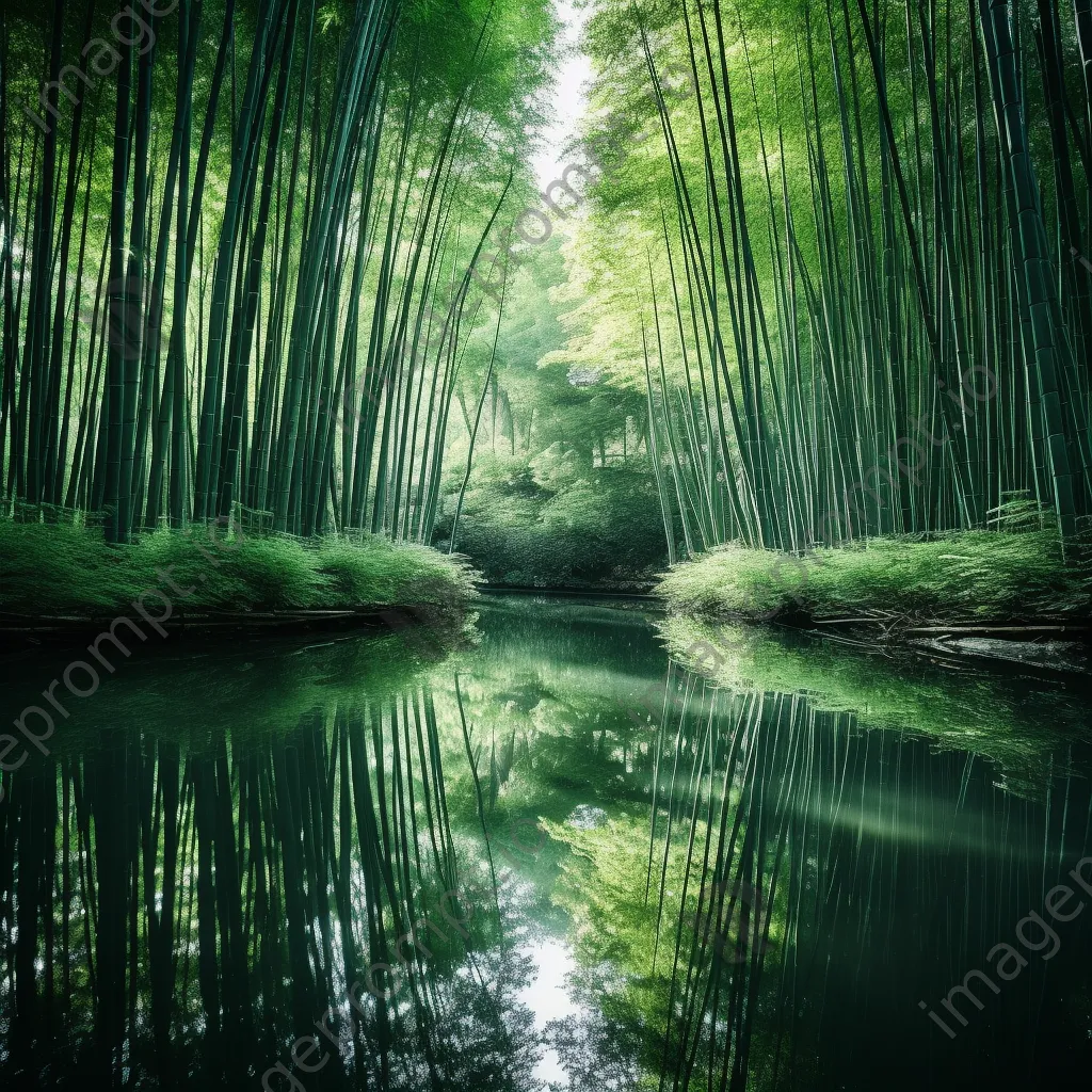 Reflection of bamboo forest in a calm pond - Image 4