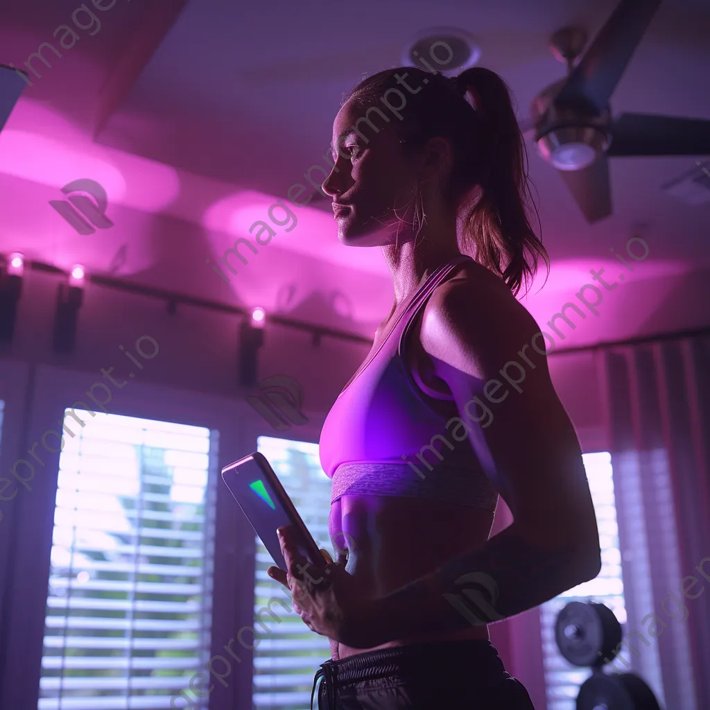 Woman doing strength training while tracking performance on a tablet in a home gym - Image 1