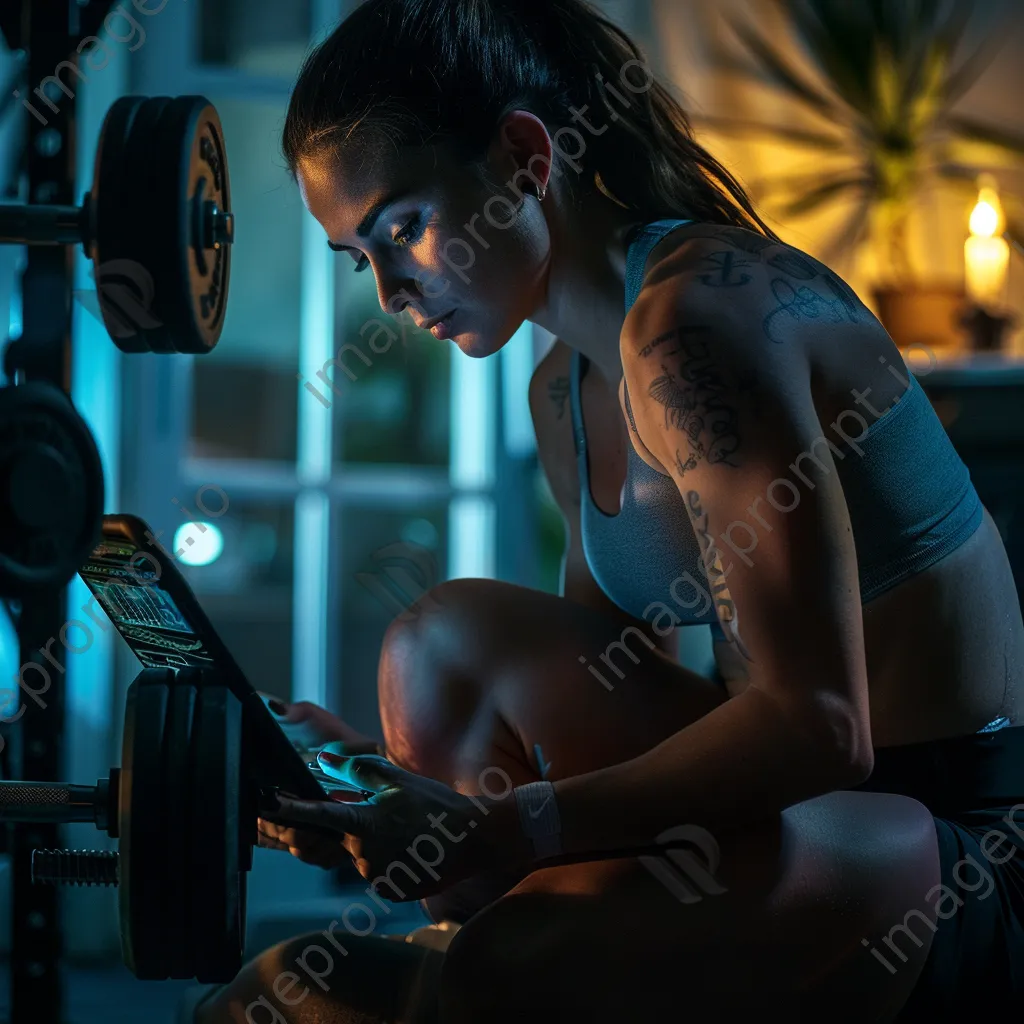 Woman doing strength training while tracking performance on a tablet in a home gym - Image 2