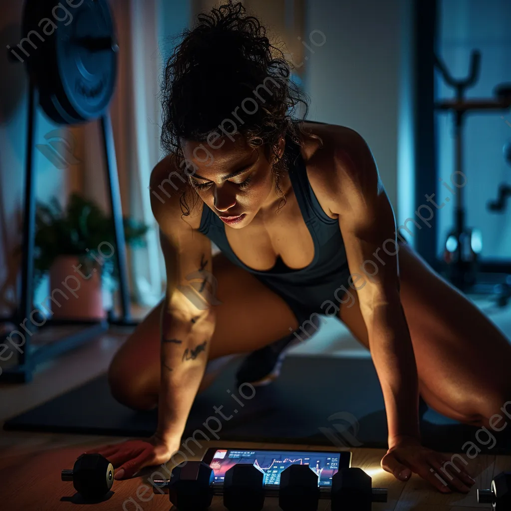 Woman doing strength training while tracking performance on a tablet in a home gym - Image 3