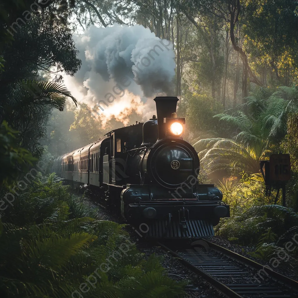 Antique steam locomotive passing through a misty forest - Image 2