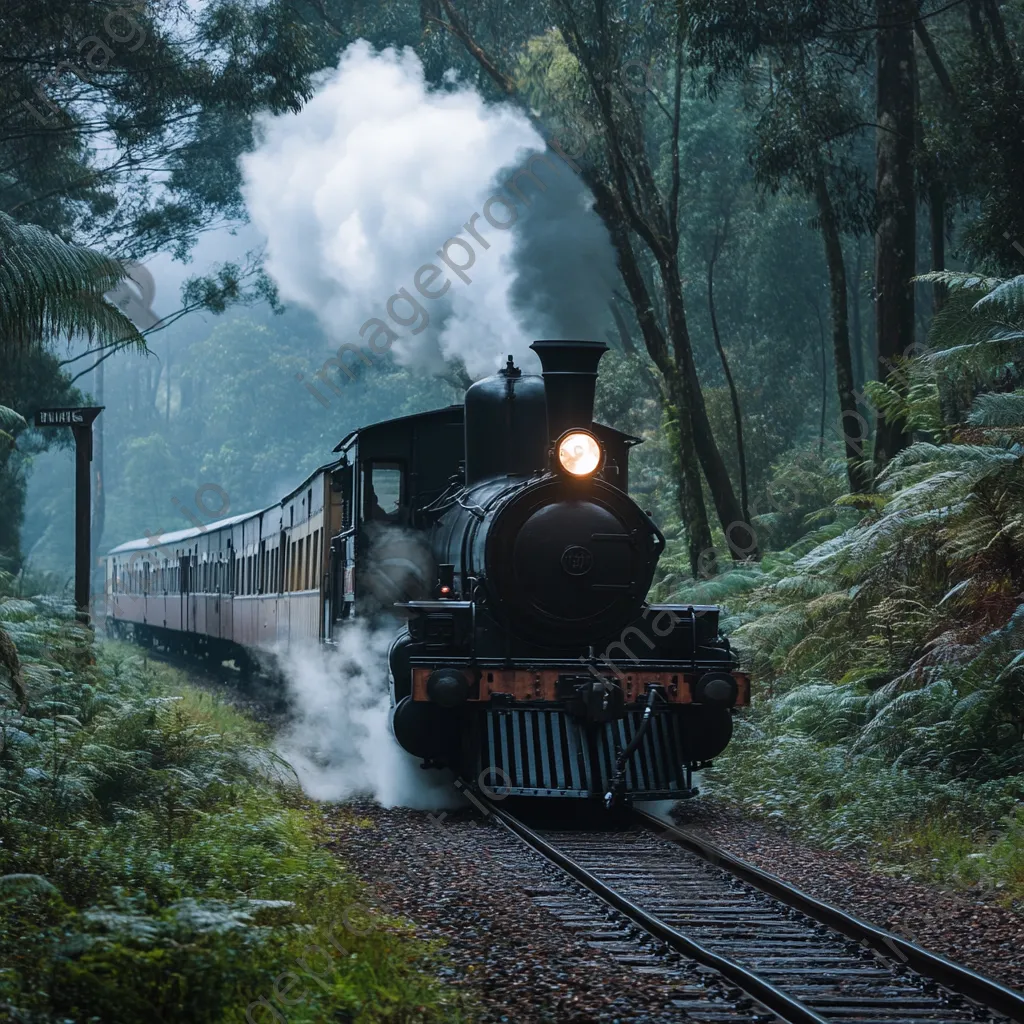 Antique steam locomotive passing through a misty forest - Image 4