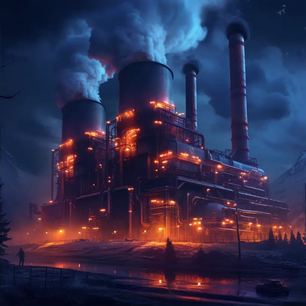 Artistic depiction of a power plant at night with glowing machinery and steam creating a surreal ambiance - Image 2