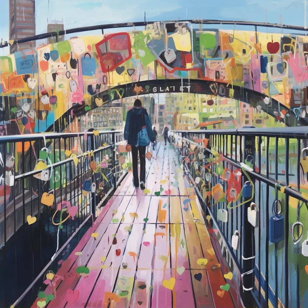 Illustration of a footbridge covered in graffiti and love locks, combining urban art and sentimental gestures - Image 2