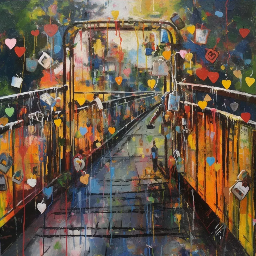 Illustration of a footbridge covered in graffiti and love locks, combining urban art and sentimental gestures - Image 3