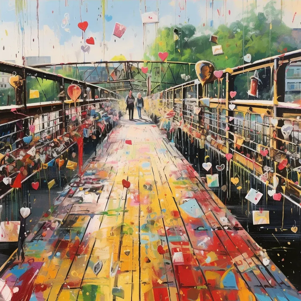 Illustration of a footbridge covered in graffiti and love locks, combining urban art and sentimental gestures - Image 4