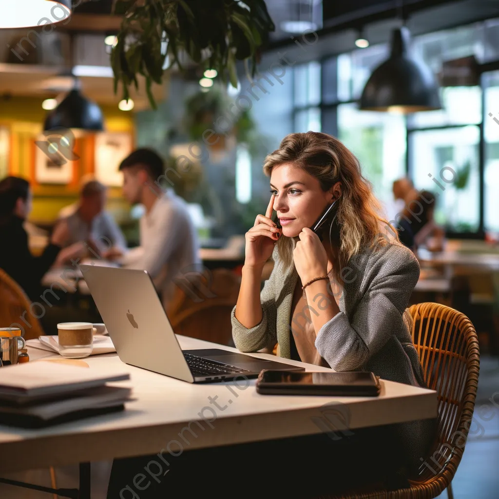 A woman on a phone call while typing on a laptop in a co-working space. - Image 1