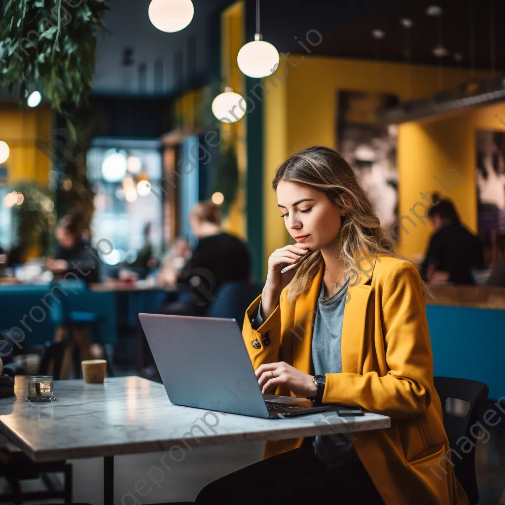 A woman on a phone call while typing on a laptop in a co-working space. - Image 2