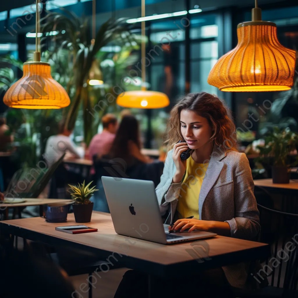 A woman on a phone call while typing on a laptop in a co-working space. - Image 3