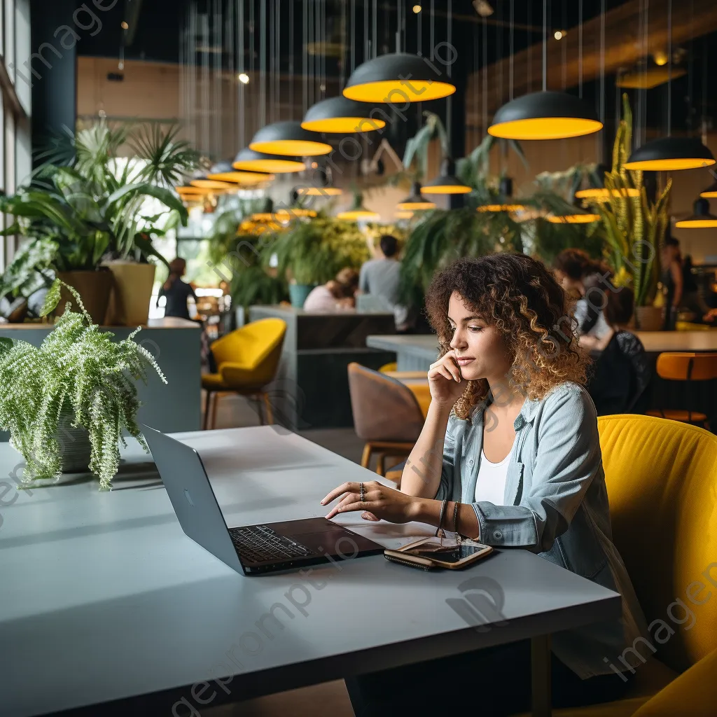 A woman on a phone call while typing on a laptop in a co-working space. - Image 4