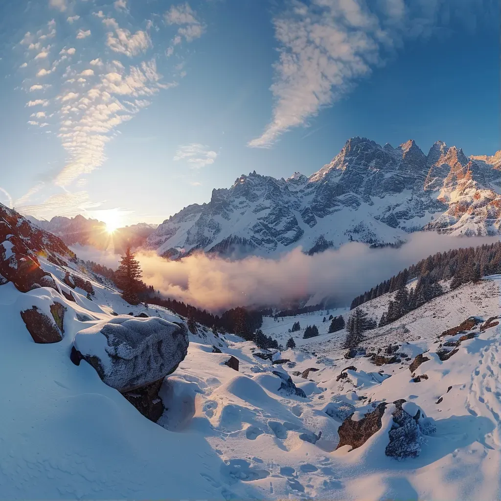 Aerial view of snow-covered mountain range at sunrise - Image 1