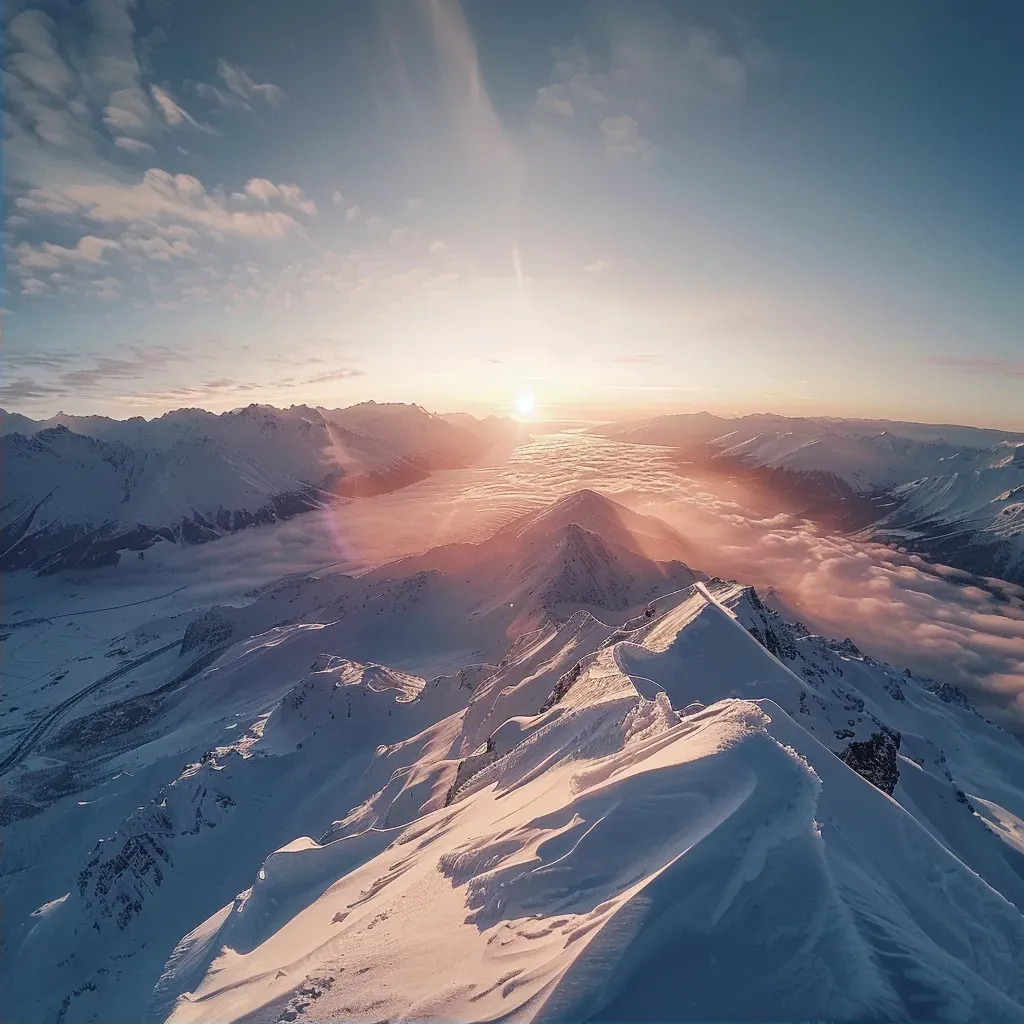 Aerial view of snow-covered mountain range at sunrise - Image 2