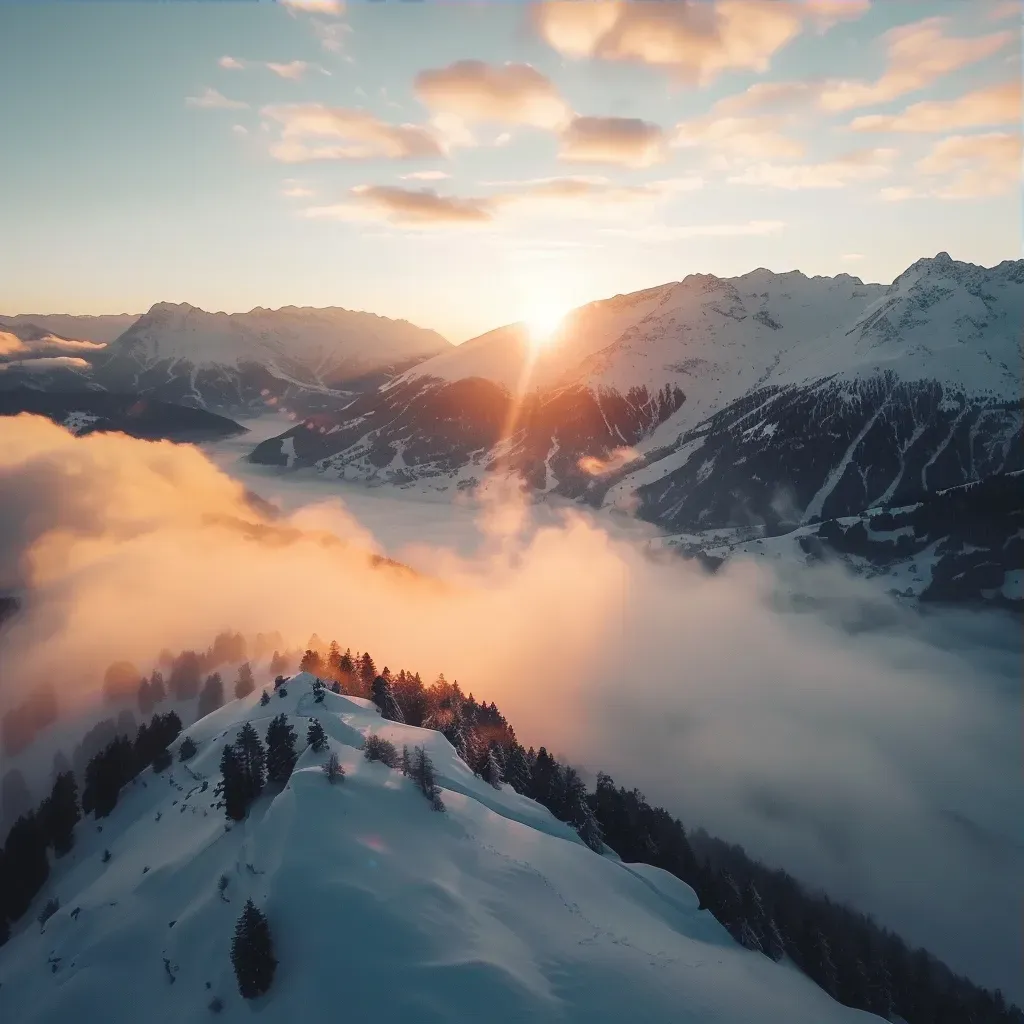 Aerial view of snow-covered mountain range at sunrise - Image 3