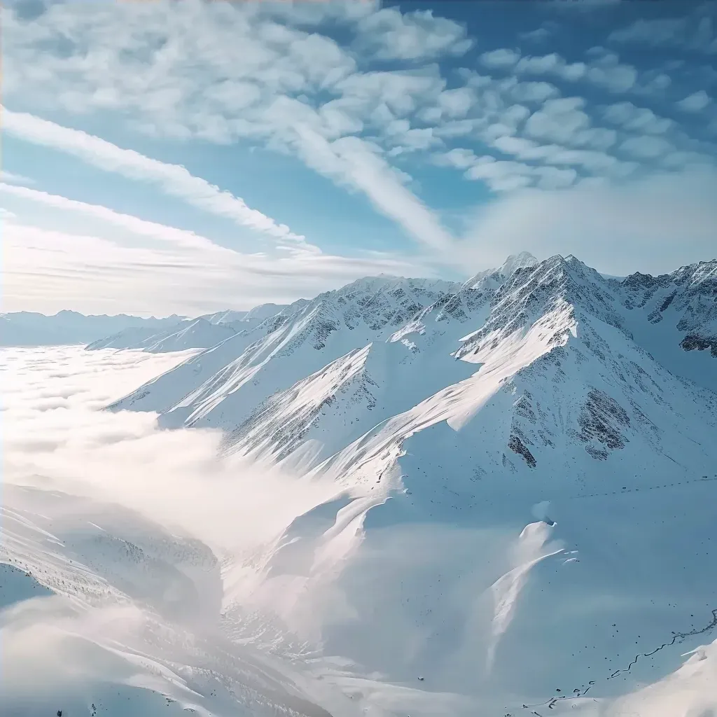 Aerial view of snow-covered mountain range at sunrise - Image 4