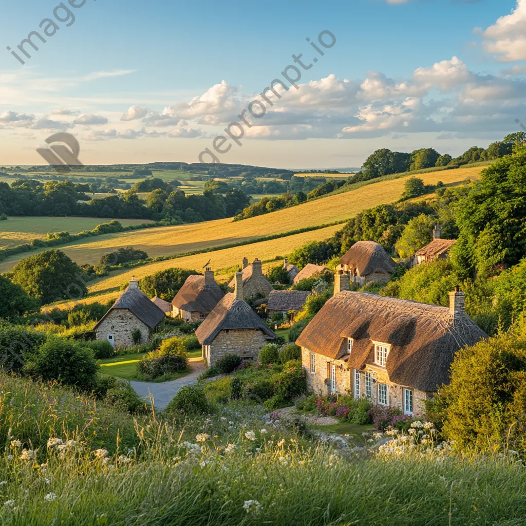 Summer landscape with thatched roof cottages and hills - Image 1