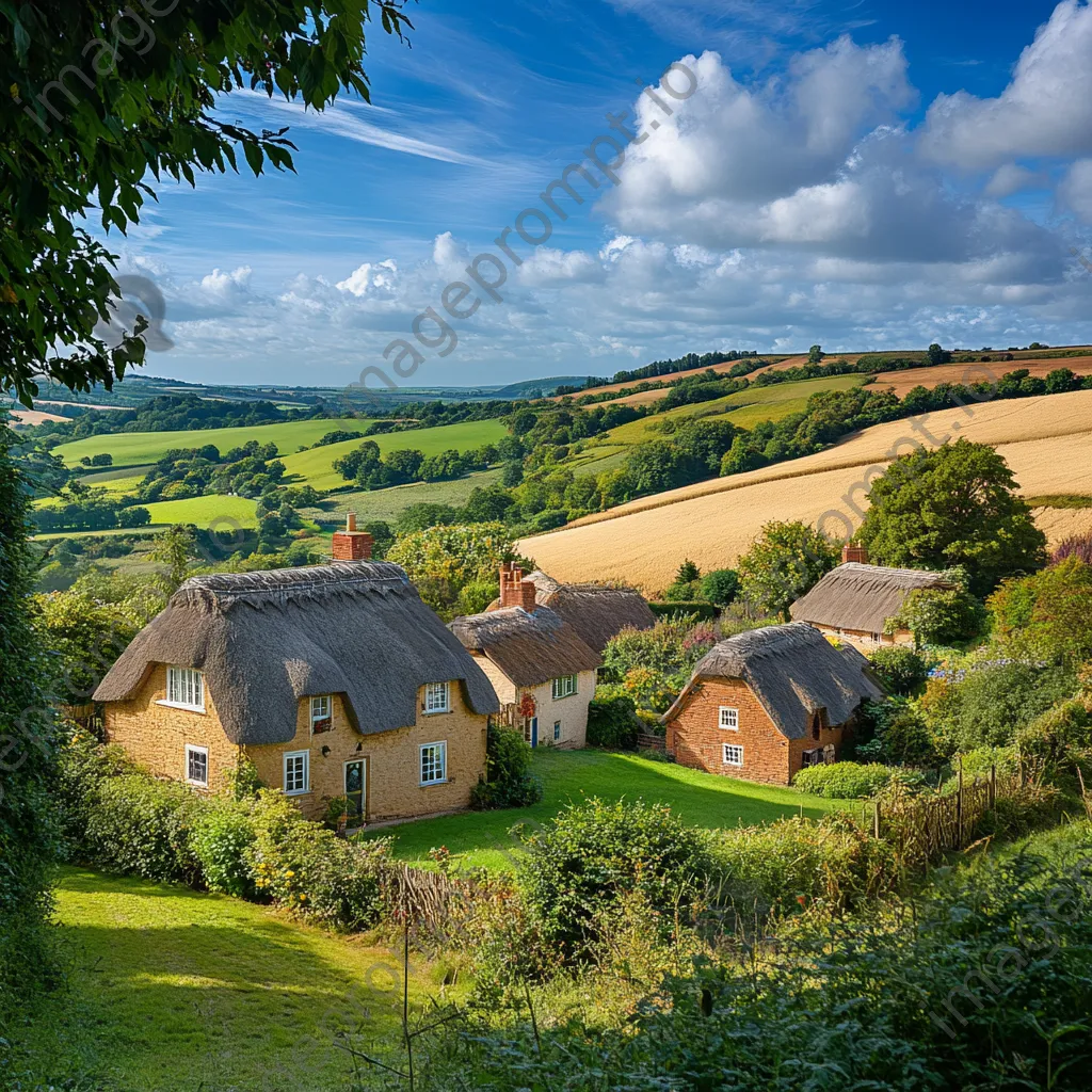 Summer landscape with thatched roof cottages and hills - Image 2