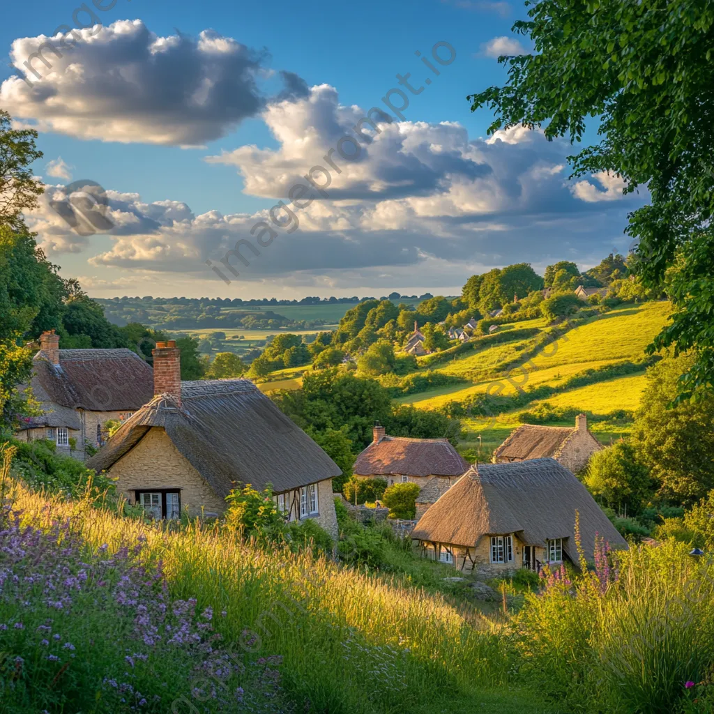 Summer landscape with thatched roof cottages and hills - Image 3