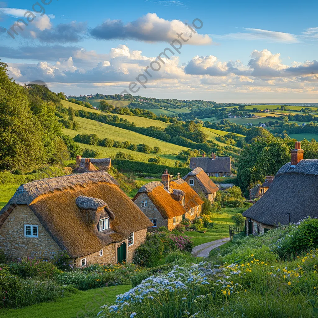 Summer landscape with thatched roof cottages and hills - Image 4