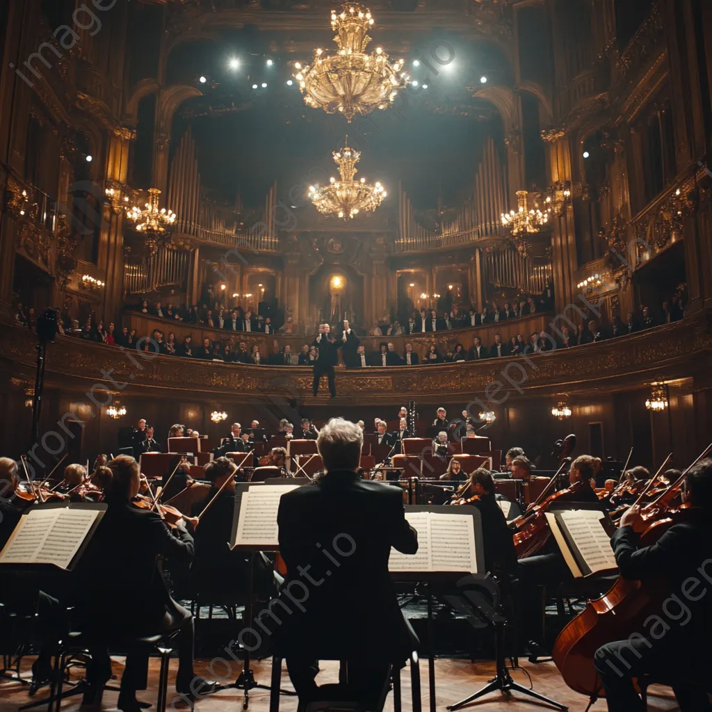 Conductor leading a symphonic orchestra in a grand hall. - Image 1