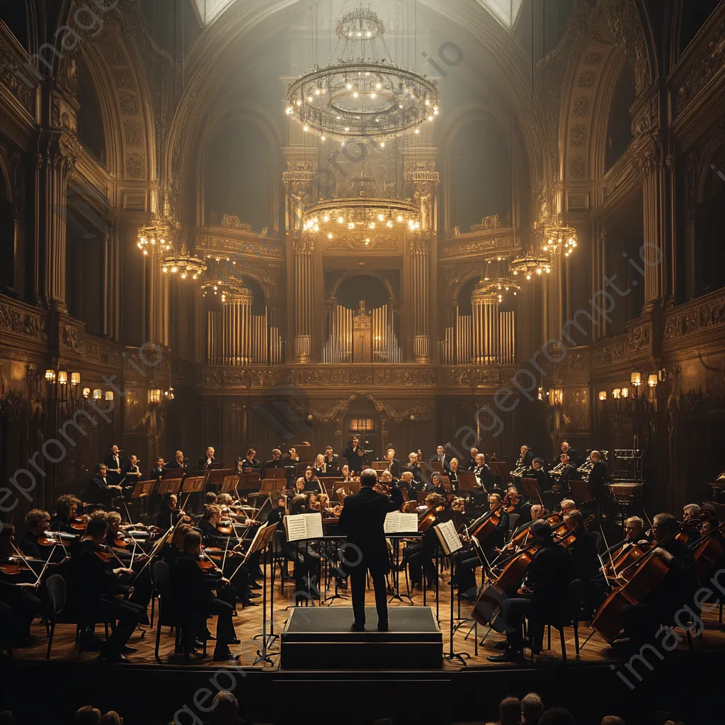 Conductor leading a symphonic orchestra in a grand hall. - Image 2